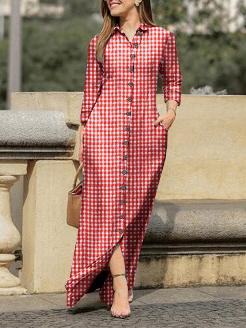 Ada® | Plaid Revers Knopf lange Ärmel Hemd Kleid für lässig und Chic Stil