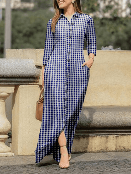 Ada® | Plaid Revers Knopf lange Ärmel Hemd Kleid für lässig und Chic Stil