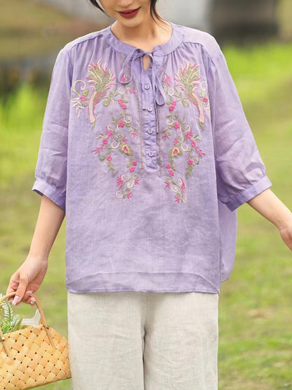 Adaline® | Damen Sommer Kunstvolle Blumenstickerei Ramie Shirt