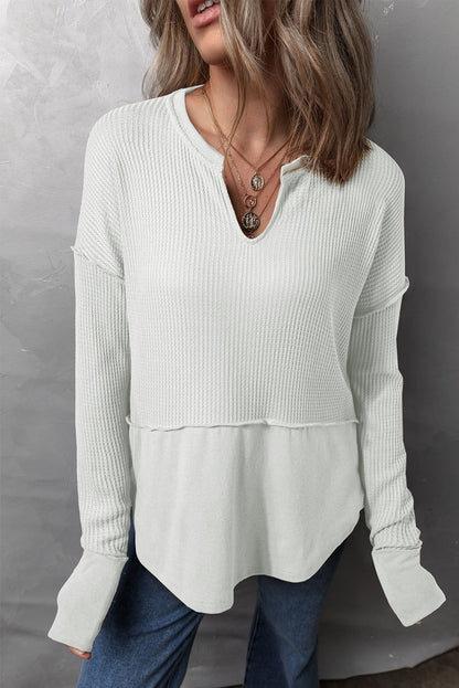 Waffle-Knit Exposed Seam Notched Long Sleeve Top - Shimmervee