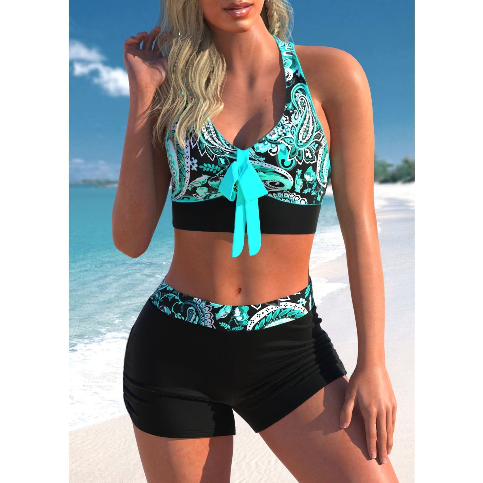 Women’s Halter Neck Top with High Waist Shorts 2 Piece Swimsuit