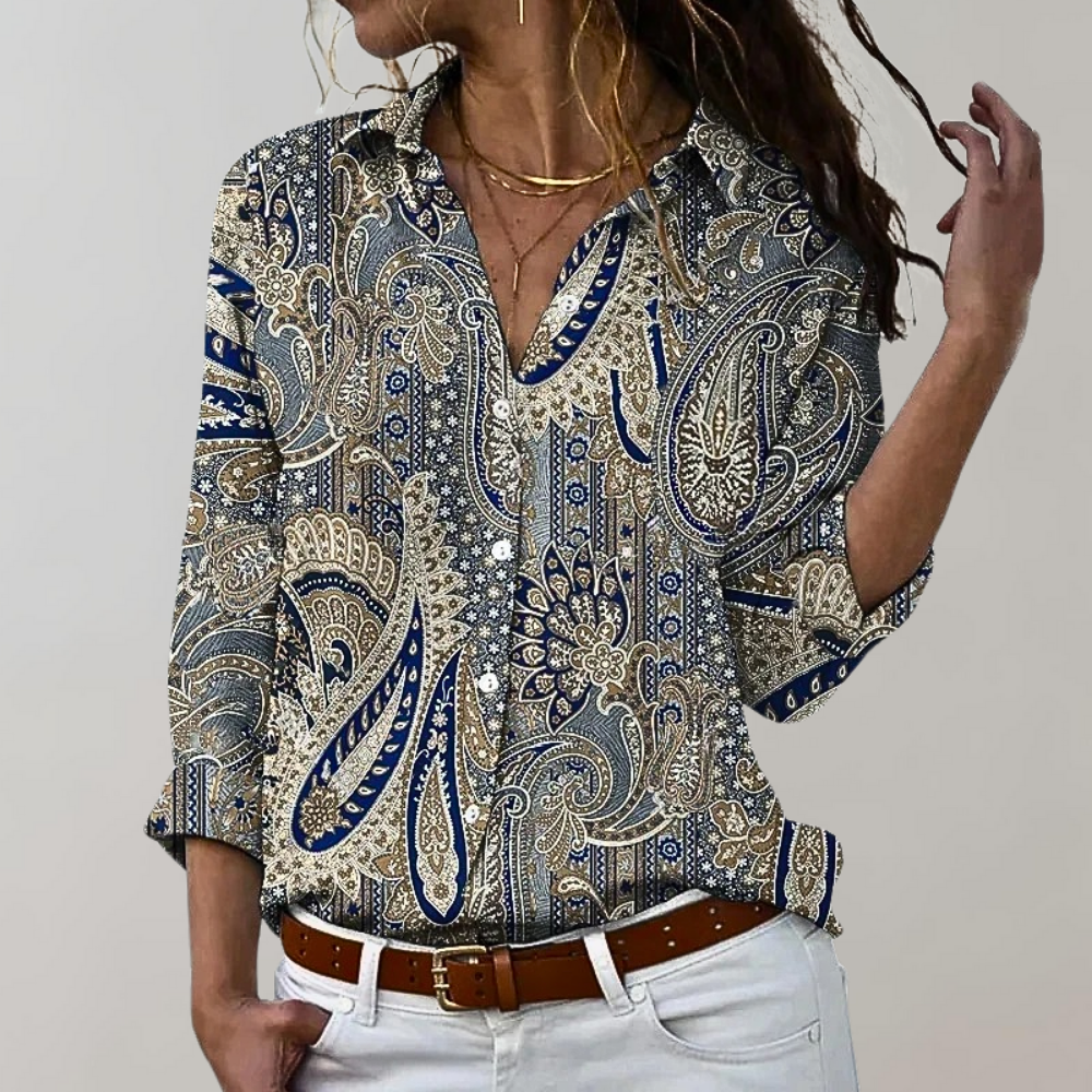 Blauwe blouse met lange mouw en bloemenprint voor dames