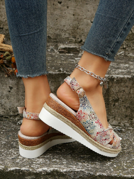 Adelaide® | Bedruckte Espadrilles mit offenem Zeh und Slingback-Keil