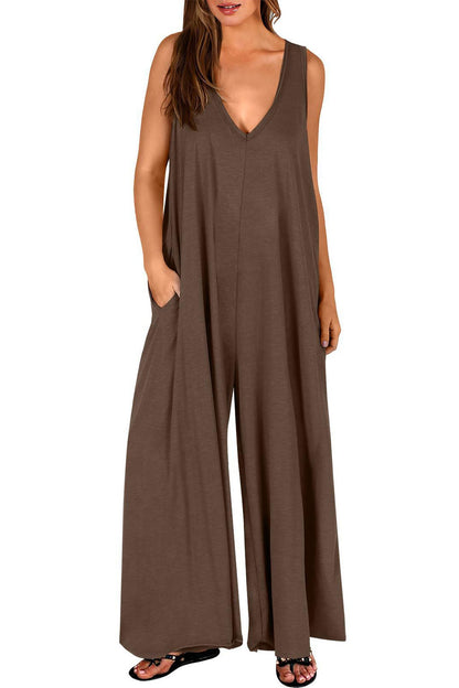 Abigail® | Solide V-Ausschnitt Tasche weites Bein Jumpsuits