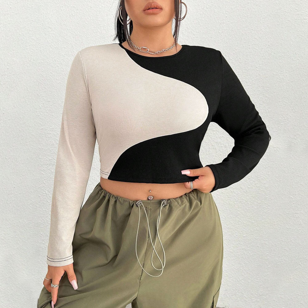 Ivory Contrast Color Cropped Long Sleeve T-Shirt for Autumn Winter - Plus Size Tees