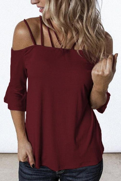 Flare Sleeve Off-shouder Sling T-shirt Blouses & Shirts 5201906191605 darkred L 