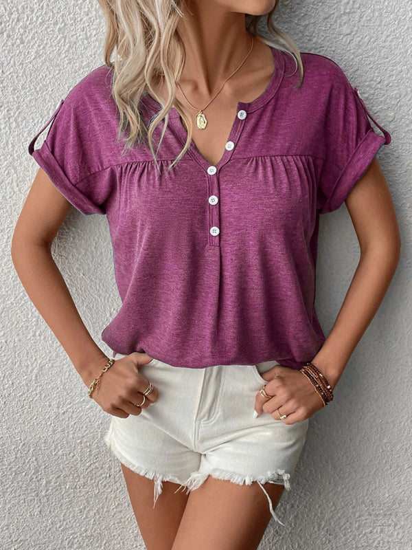 Women's V-Neck Short Sleeve Solid Top with Buttons in 10 Colors Sizes 4-20 - Wazzi's Wear