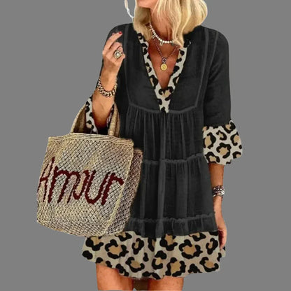 Ingvn - Summer Women’s Fashion Leopard Print Stitching Cotton And Linen Dress Loose Casual