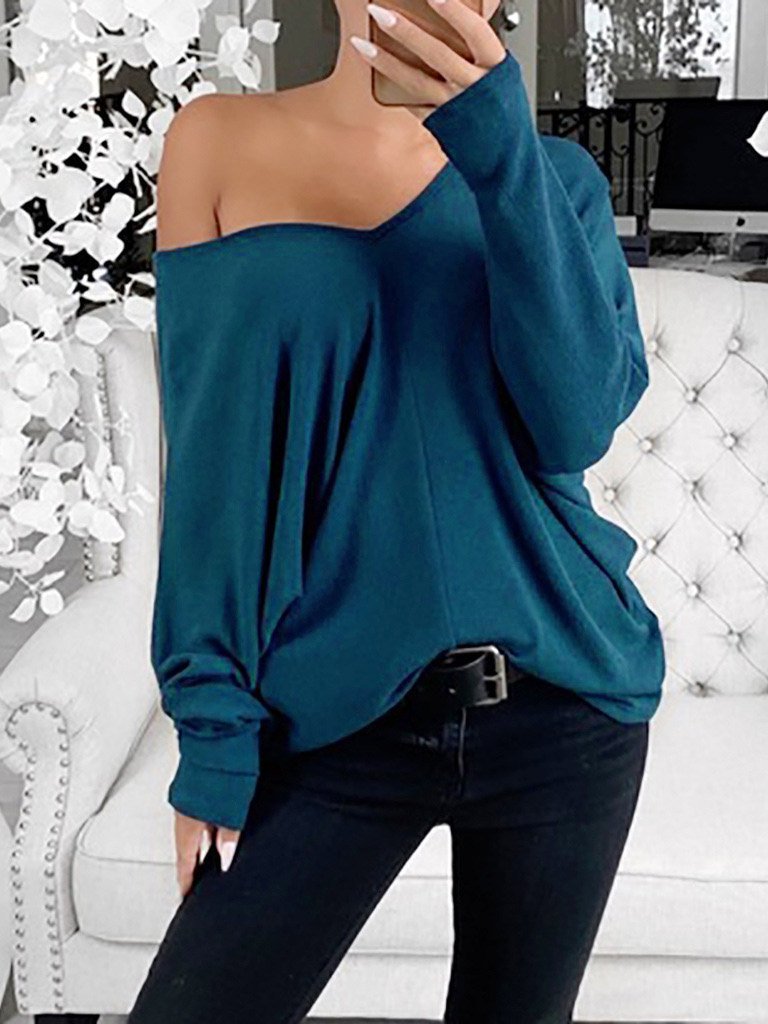 INS Women's Simple V-Neck Off-Shoulder Long Sleeve T-Shirt - T-Shirts - INS | Online Fashion Free Shipping Clothing, Dresses, Tops, Shoes - 03/08/2021 - 10-20 - Category_T-Shirts