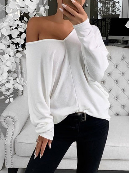 INS Women's Simple V-Neck Off-Shoulder Long Sleeve T-Shirt - T-Shirts - INS | Online Fashion Free Shipping Clothing, Dresses, Tops, Shoes - 03/08/2021 - 10-20 - Category_T-Shirts