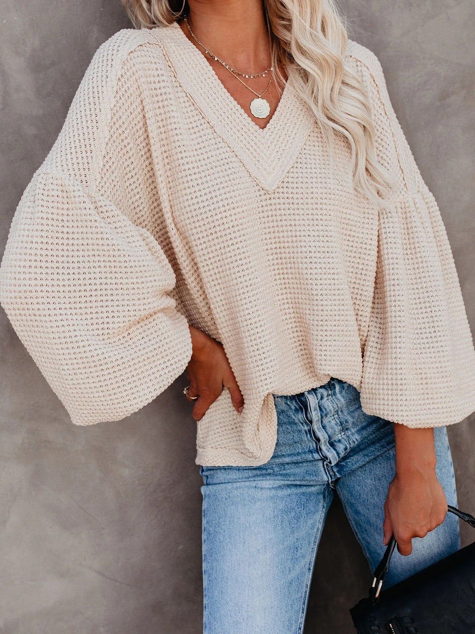 Loose V-neck Lantern Sleeve Top - Blouses - INS | Online Fashion Free Shipping Clothing, Dresses, Tops, Shoes - 20-30 - 20/07/2021 - BLO2107201212