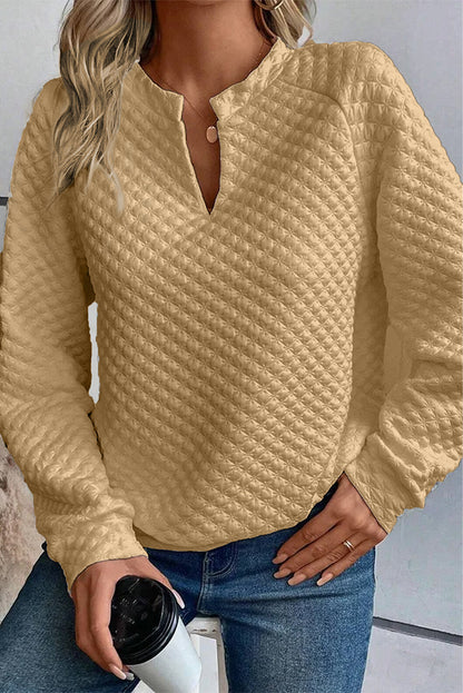 Split Neck Quilted Long Sleeve Top - Tops - Sunny Angela