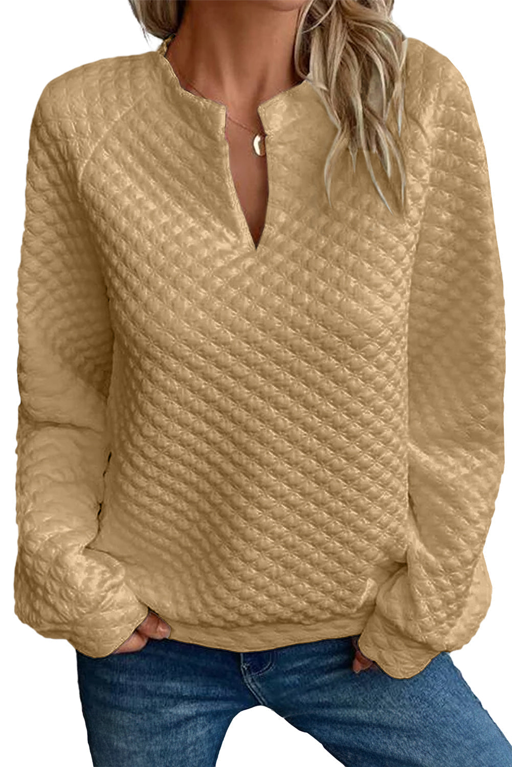 Split Neck Quilted Long Sleeve Top - Tops - Sunny Angela