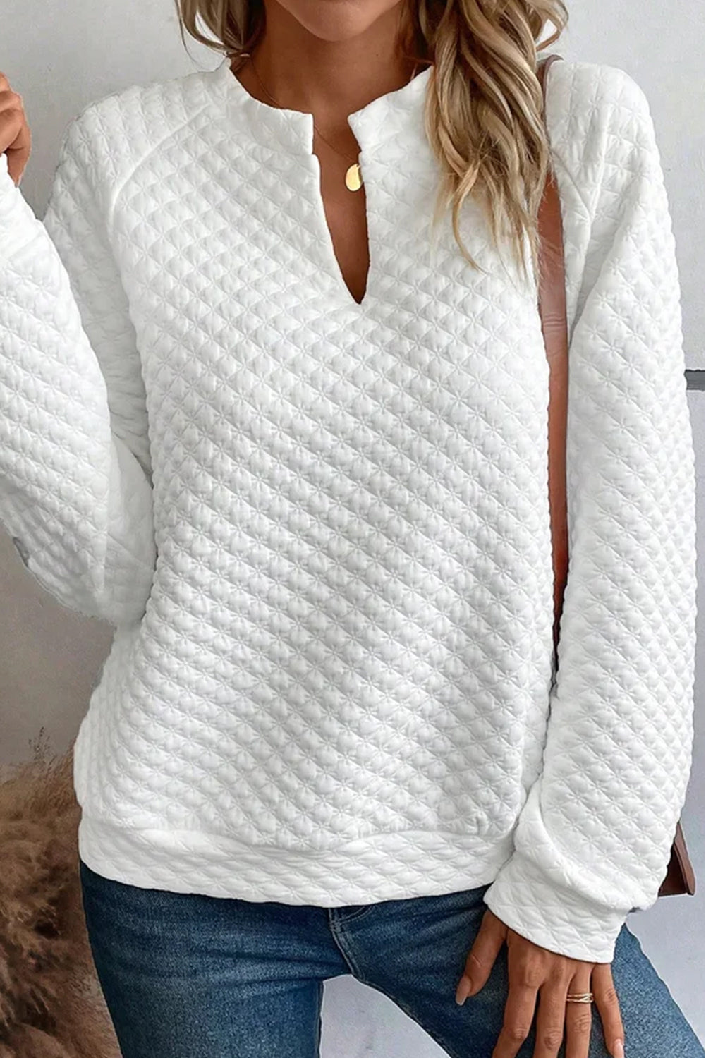 Split Neck Quilted Long Sleeve Top - Tops - Sunny Angela