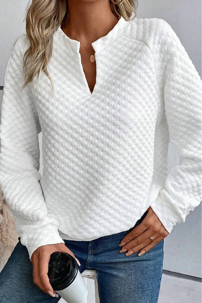 Split Neck Quilted Long Sleeve Top - Tops - Sunny Angela