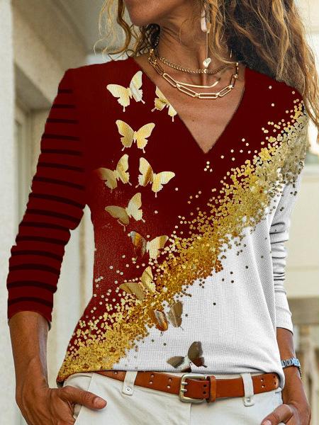 Women's T-Shirts Butterfly Print Long Sleeve V-Neck T-Shirt - T-Shirts - INS | Online Fashion Free Shipping Clothing, Dresses, Tops, Shoes - 10-20 - 11/08/2021 - Category_T-Shirts