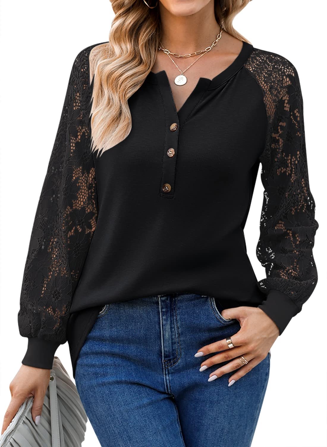 Women’s T-Shirts Long Sleeve Lace V Neck Button Loose T-Shirt - MsDressly